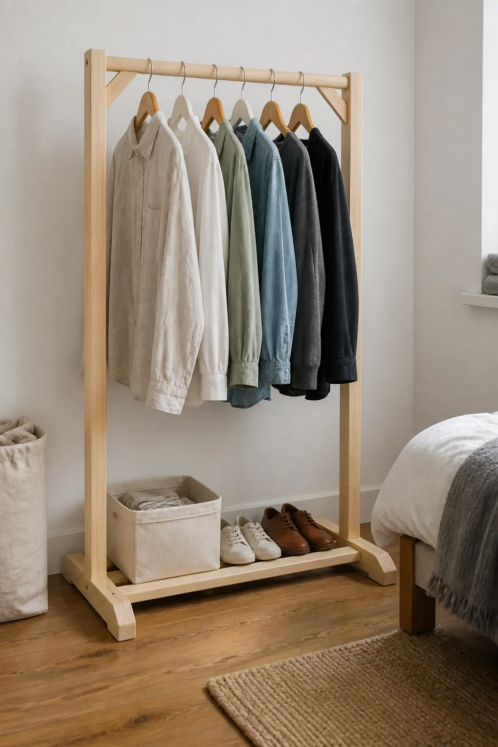 Finished mini wooden clothes rack in a small bedroom