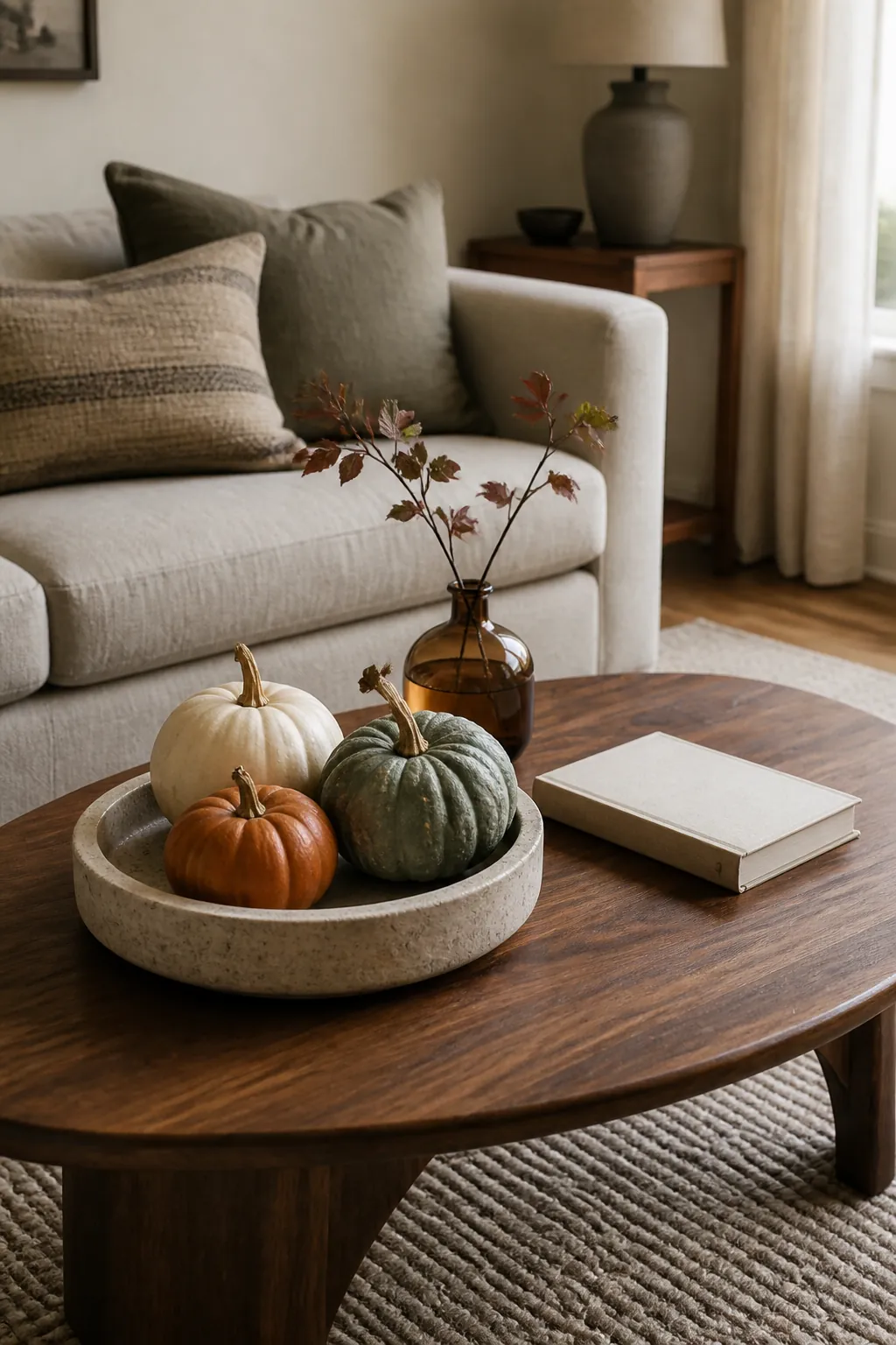 Fall coffee table decor with heirloom pumpkins in a calm earth tone living room