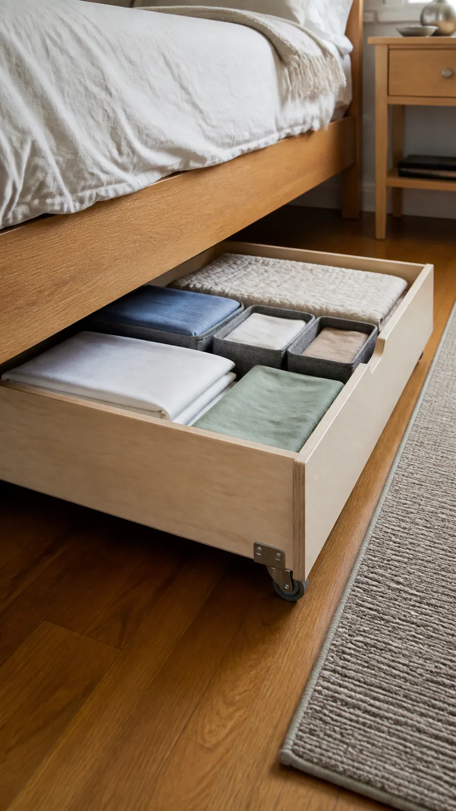 Finished rolling under bed storage drawer in a small bedroom