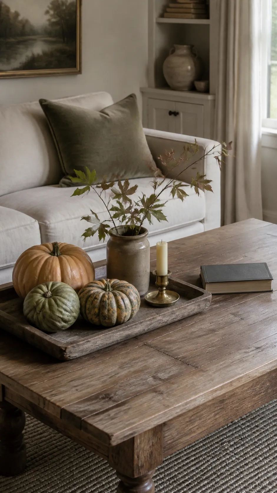 Rustic fall coffee table decor with pumpkins, stoneware, wood, and aged brass