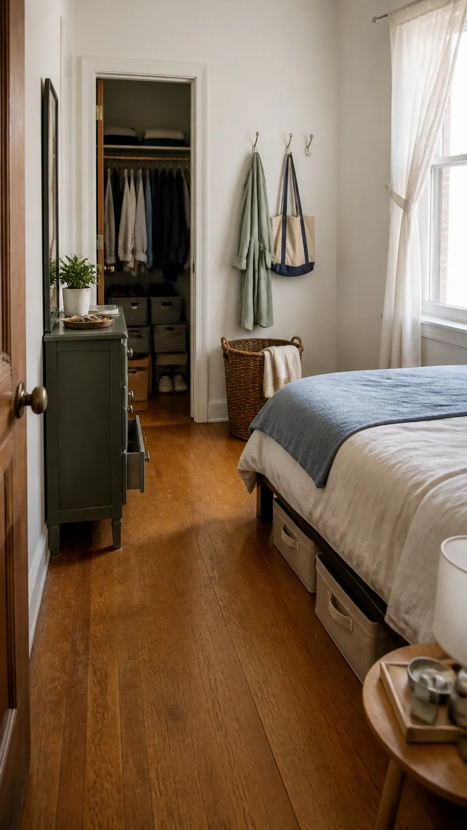 Organized small bedroom using affordable storage ideas