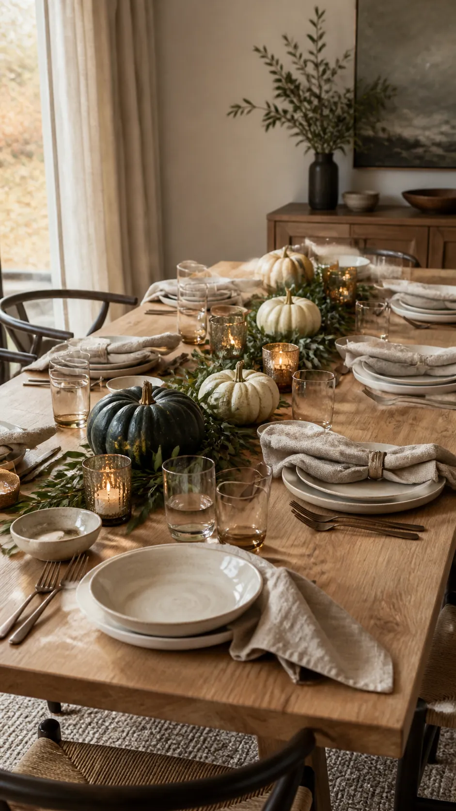 Elegant practical fall dining table with pumpkins, olive branches, amber glass, and linen