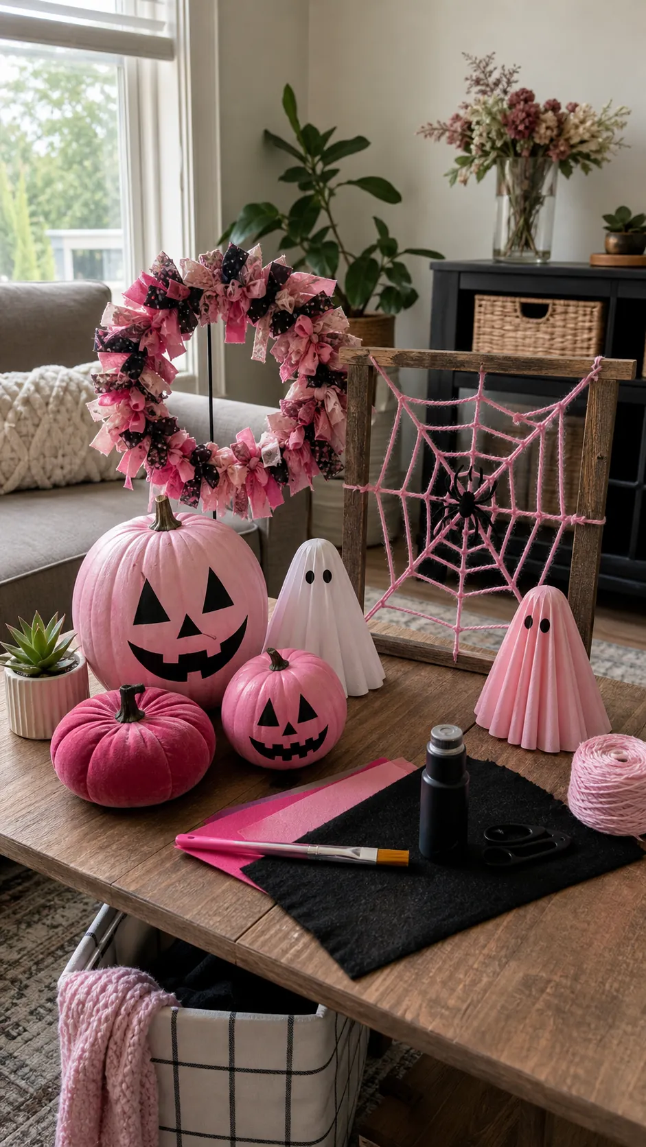 Handmade pink Halloween decorations arranged in a lived in craft corner