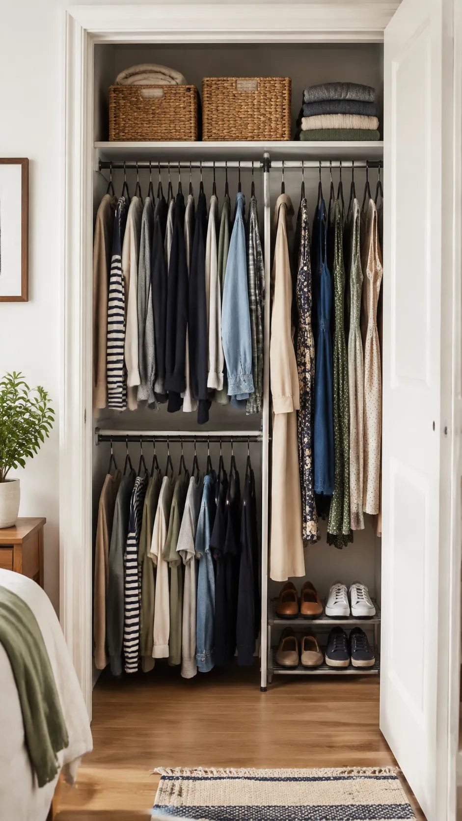 Beautifully organized small closet shared fairly by two people
