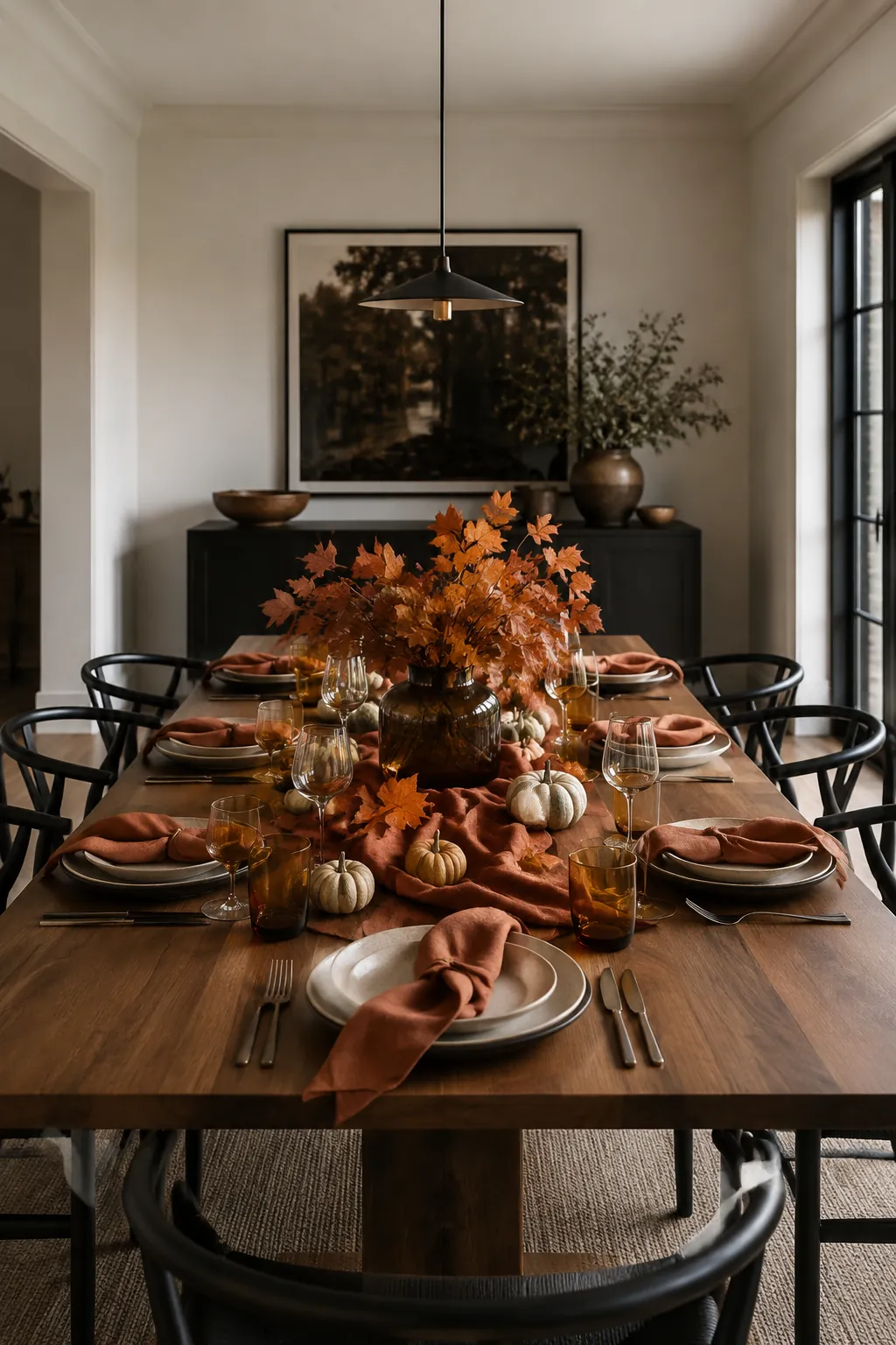 Modern fall dining table with copper leaves and pale gourds