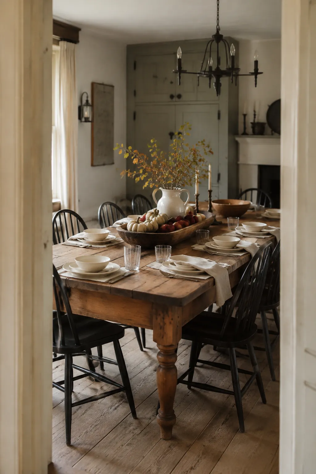 Warm farmhouse fall dining table with apples and ironstone