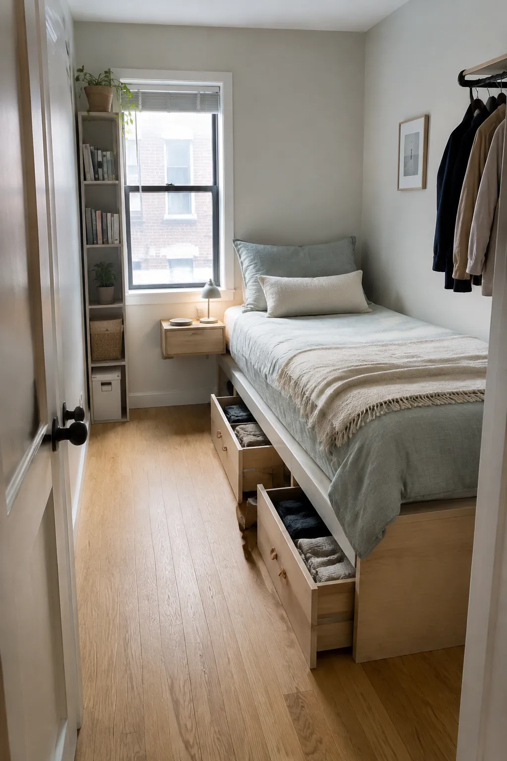 Organized very small bedroom with open floor and practical storage