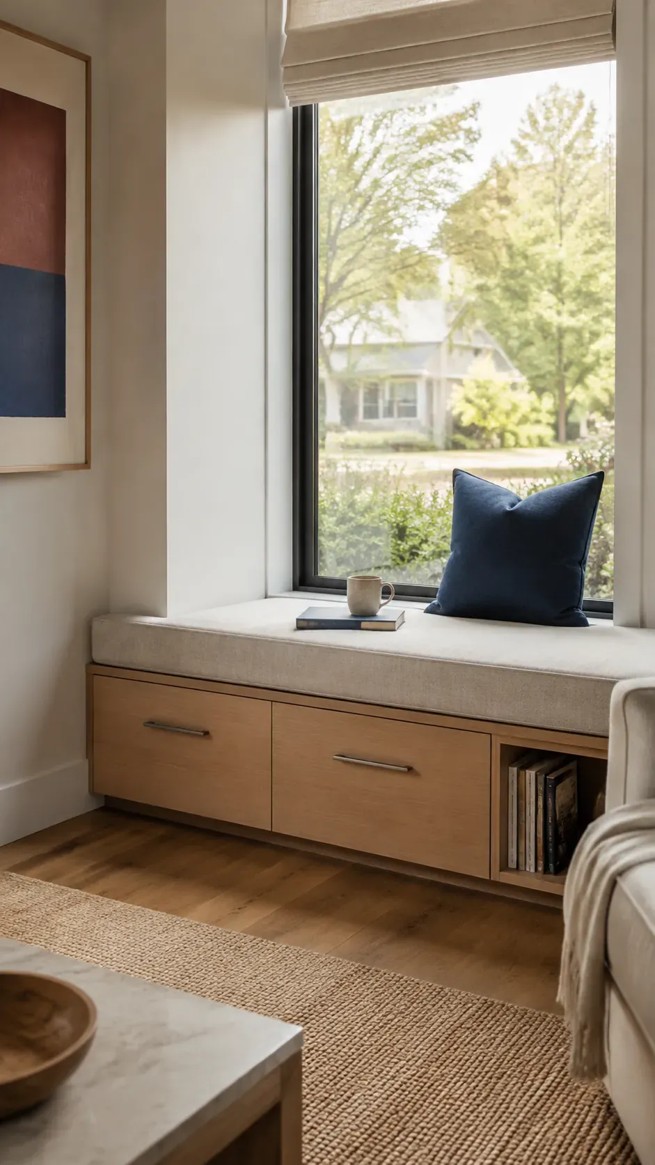 Modern window seat with pale oak drawers and ivory cushion
