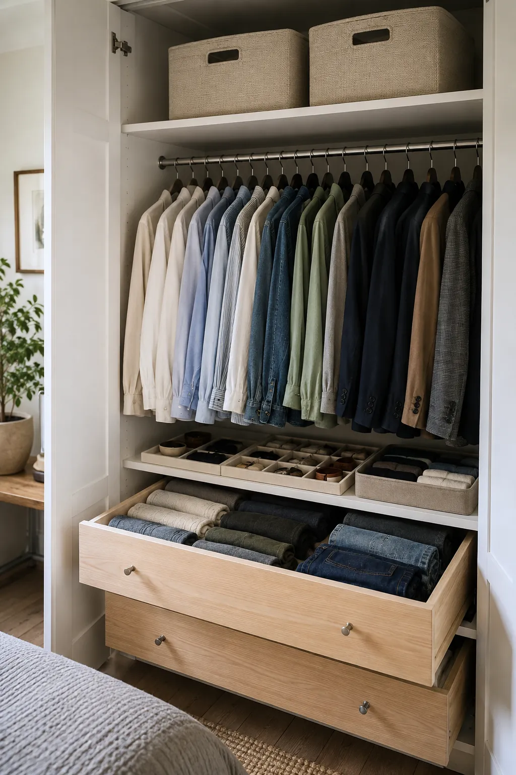 Efficient clothing organization with visible hanging and folded categories