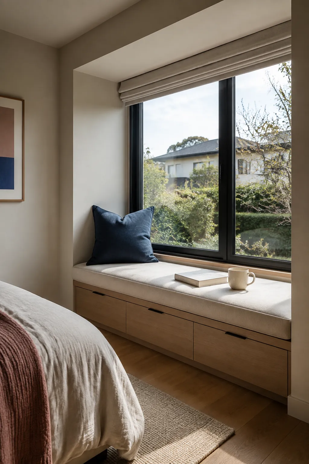Bedroom window seat with pale oak drawers and ivory cushion