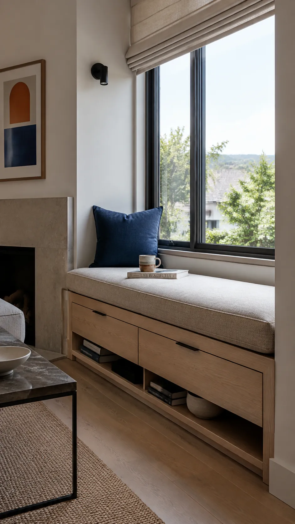Corner window seat with pale oak drawers and ivory cushion