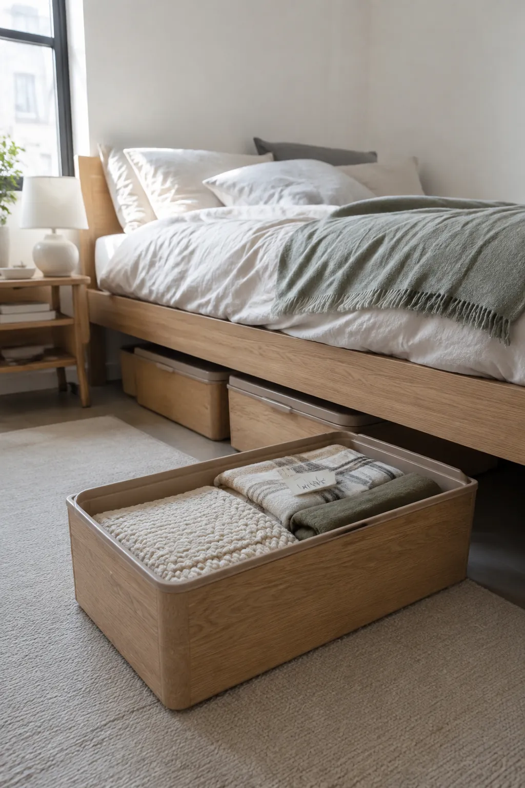 Organized lidded storage containers fitting neatly beneath a small bedroom bed