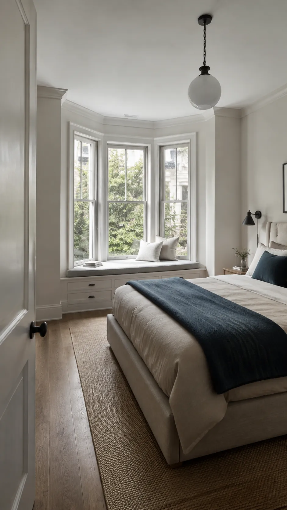 Practical bay window bedroom layout with bed facing a built in seat