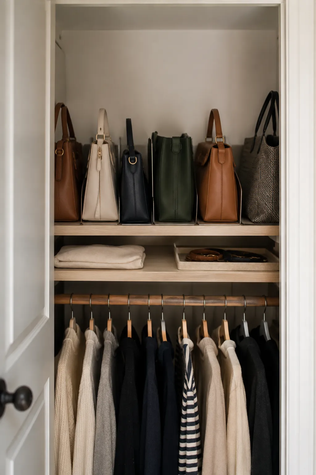 Handbags arranged upright in a compact ventilated bedroom closet