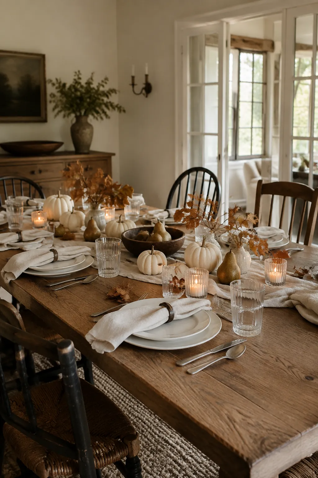 Fall dining room table with low natural centerpiece ideas