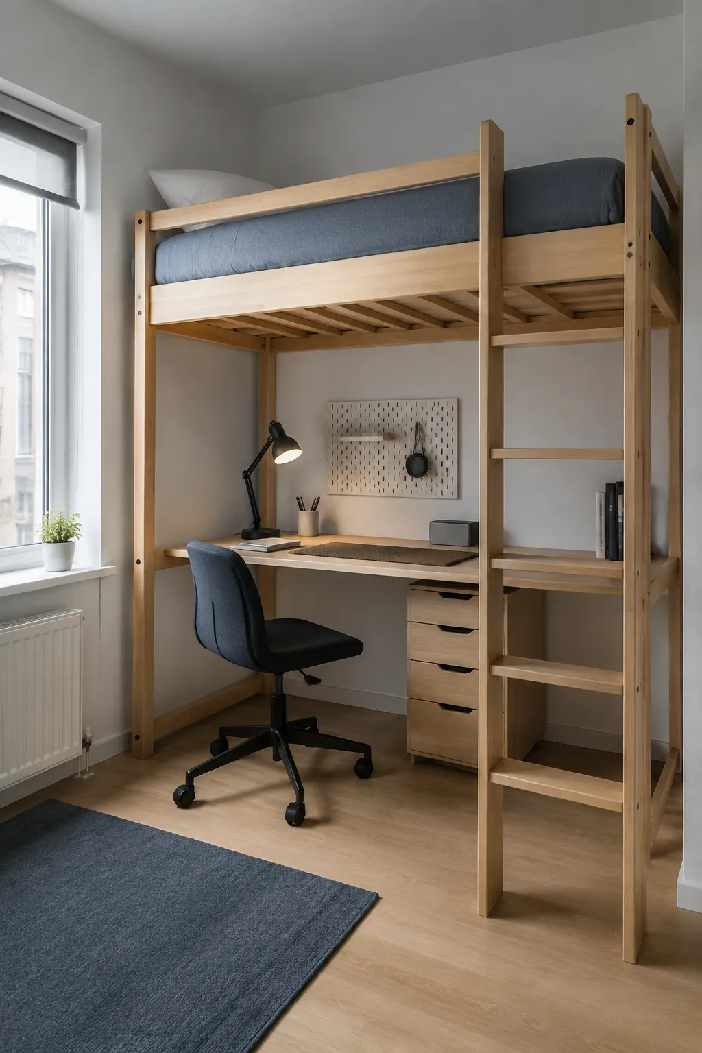 Well planned study and storage zone beneath a wooden loft bed