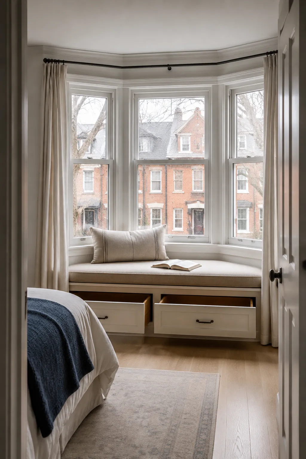 Comfortable bay window seat bedroom with practical drawer storage