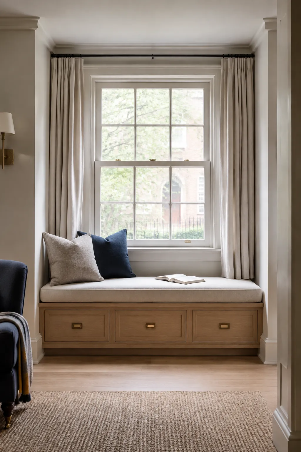 Built in window seat with comfortable cushion and drawer storage