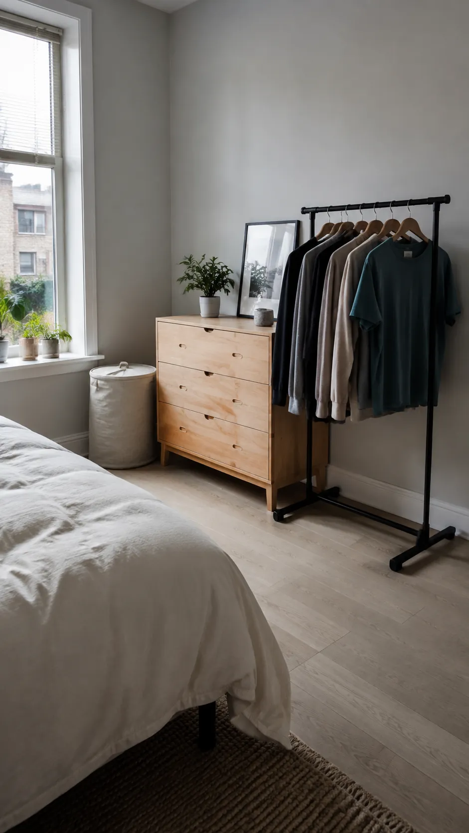 Small bedroom with a clothes rail and dresser instead of a built in closet
