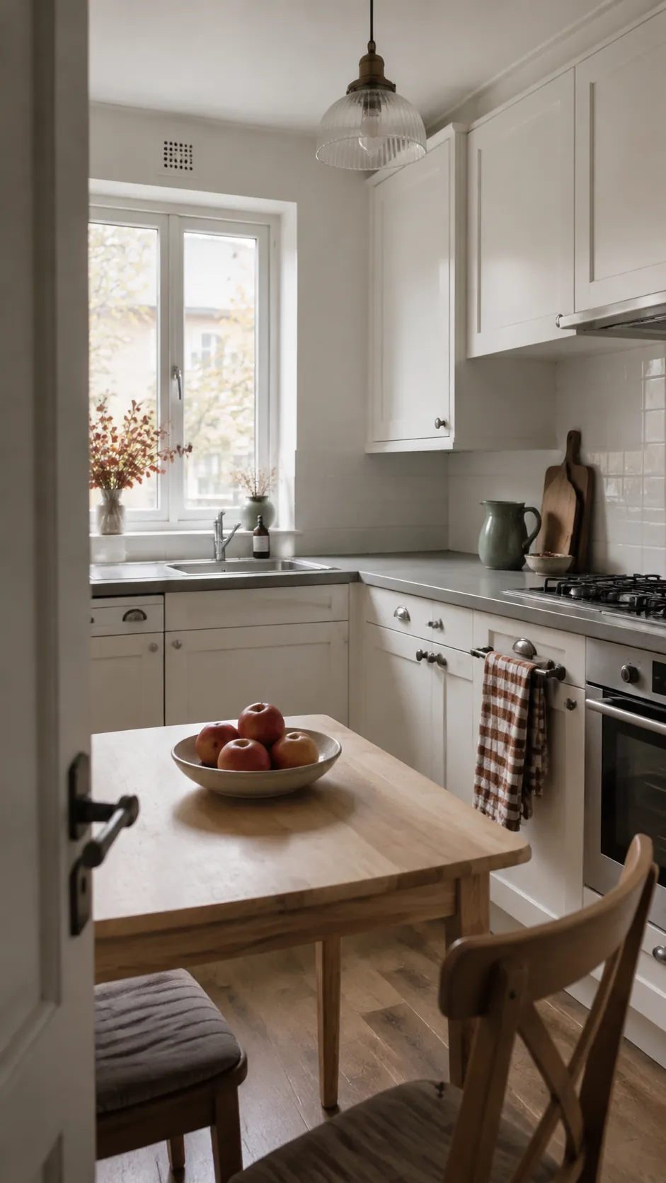 Cozy fall kitchen with seasonal fruit and practical clear counters