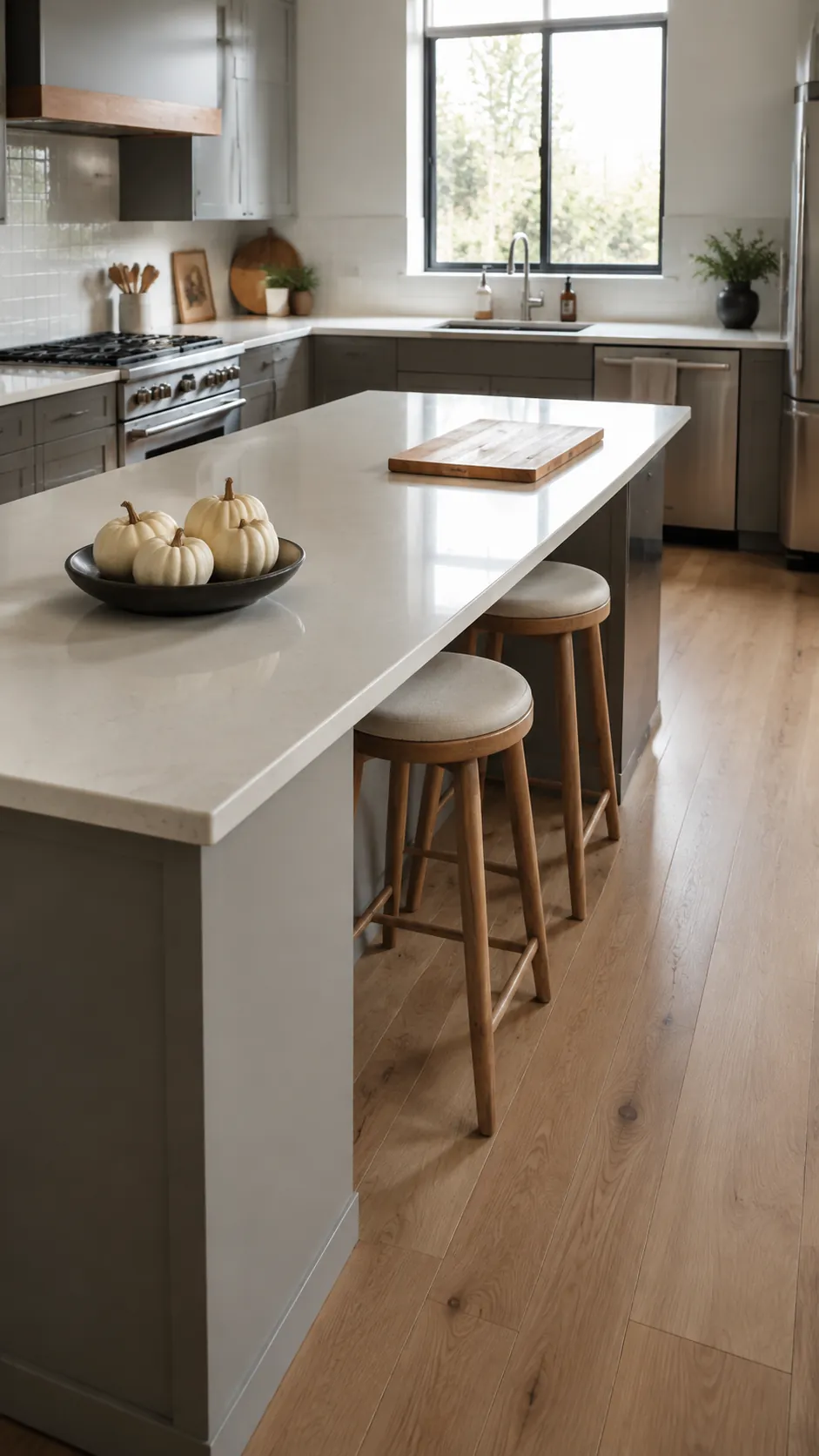 Fall kitchen island decor with a low centerpiece and clear preparation space