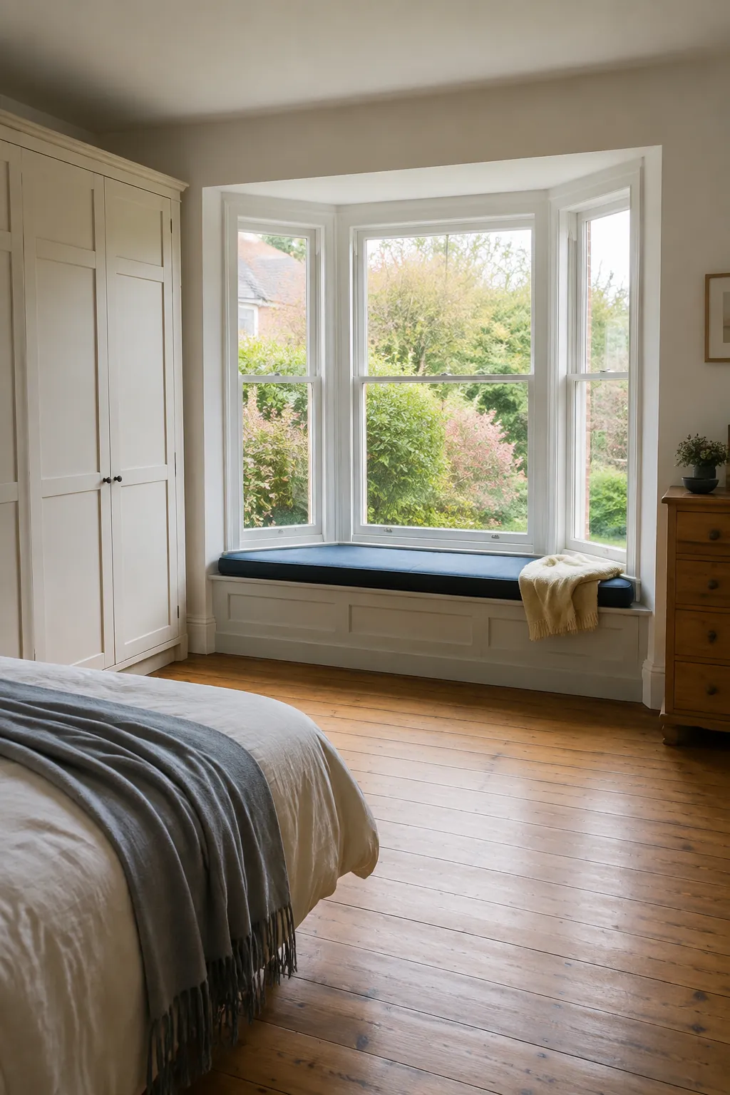 Bay window seating with adjacent fitted bedroom wardrobes