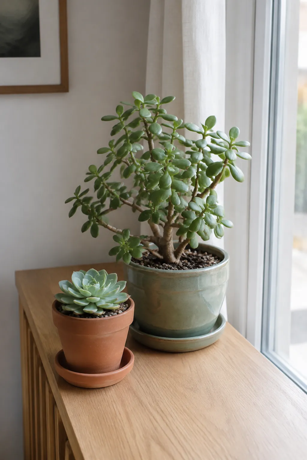 Compact succulent arrangement in draining pots beside a bright indoor window