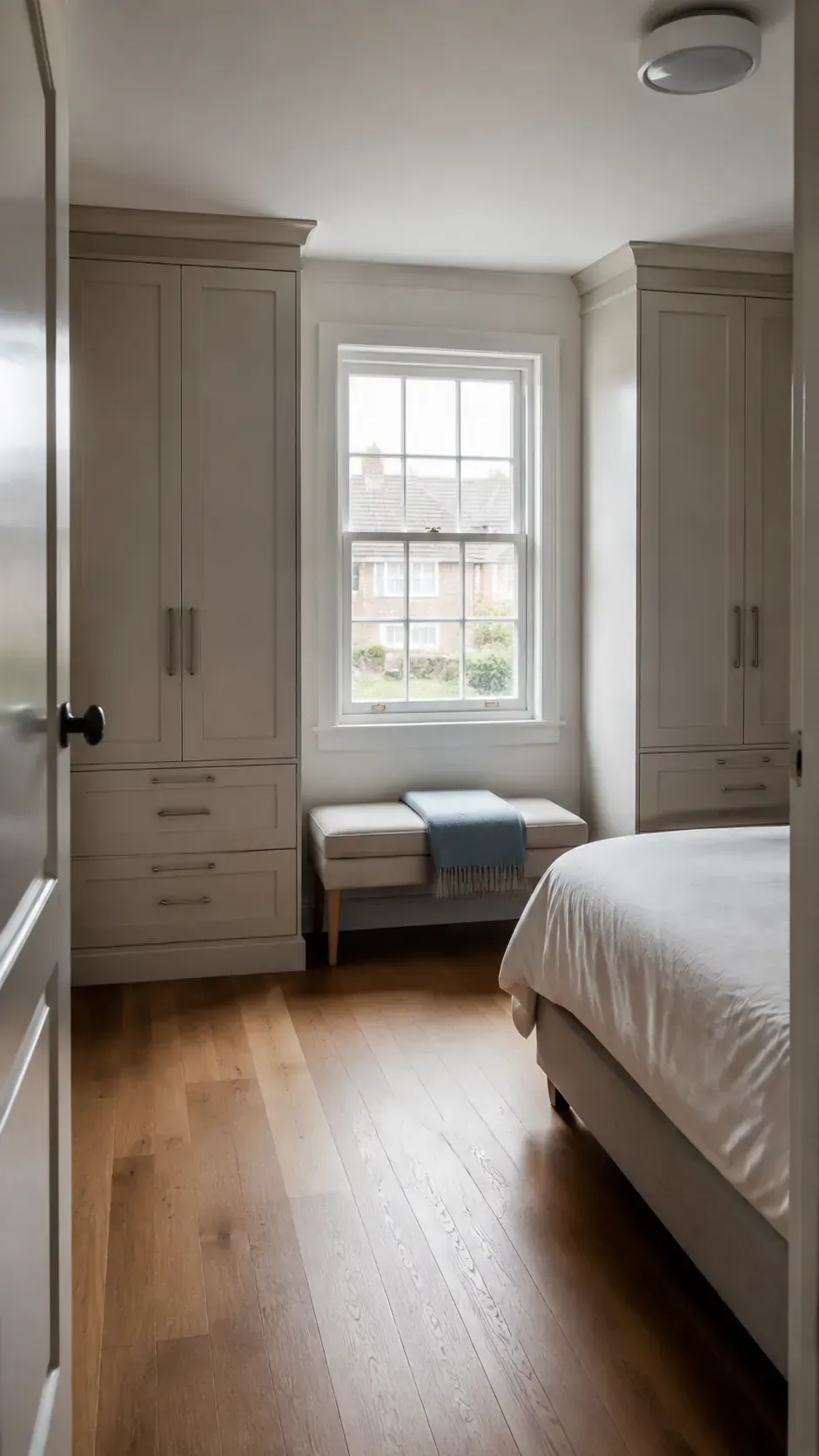 Bedroom wardrobes framing an accessible window and a simple upholstered seat.