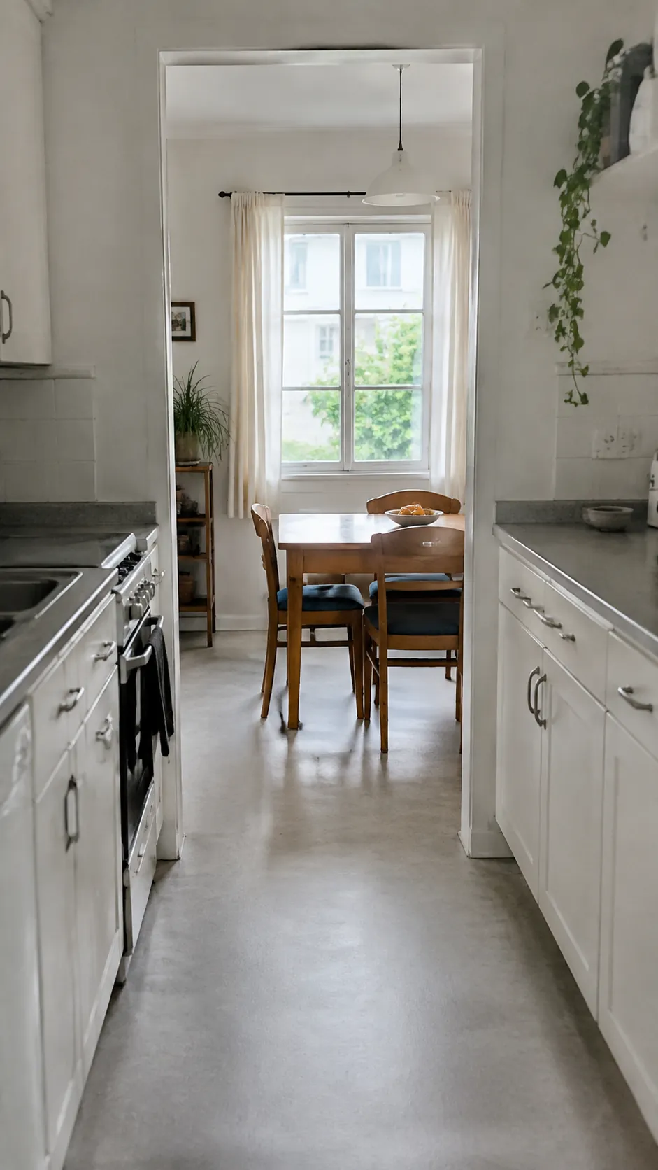 A clean kitchen and dining nook with clear everyday surfaces