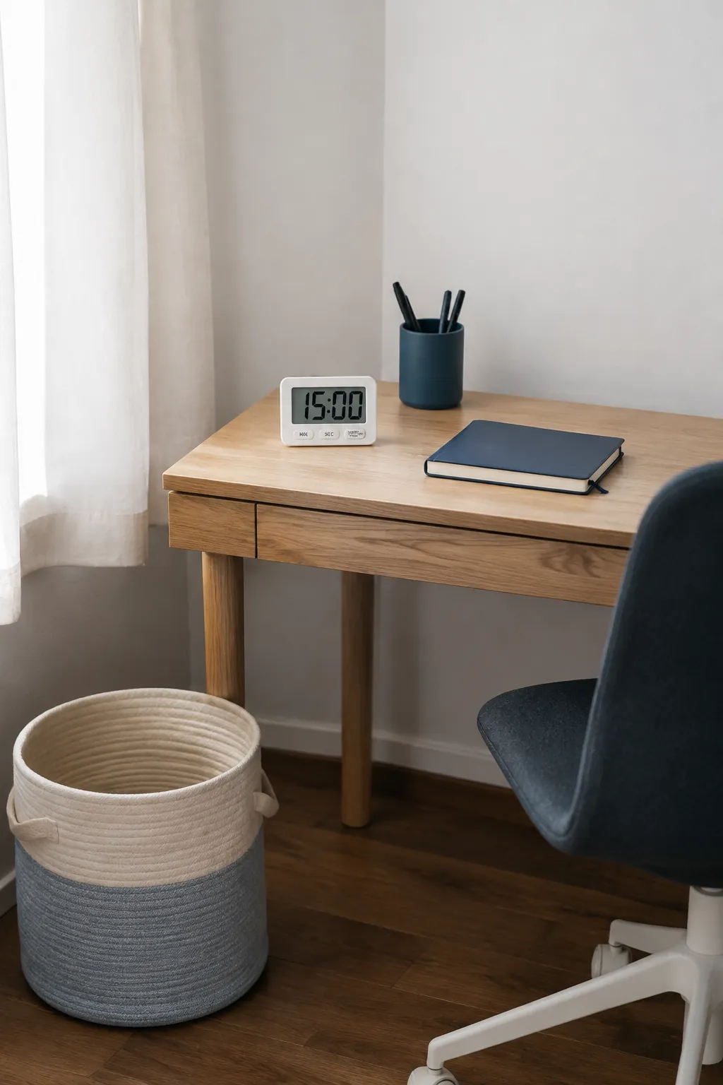 A timer and clear desk prepared for a small organizing session