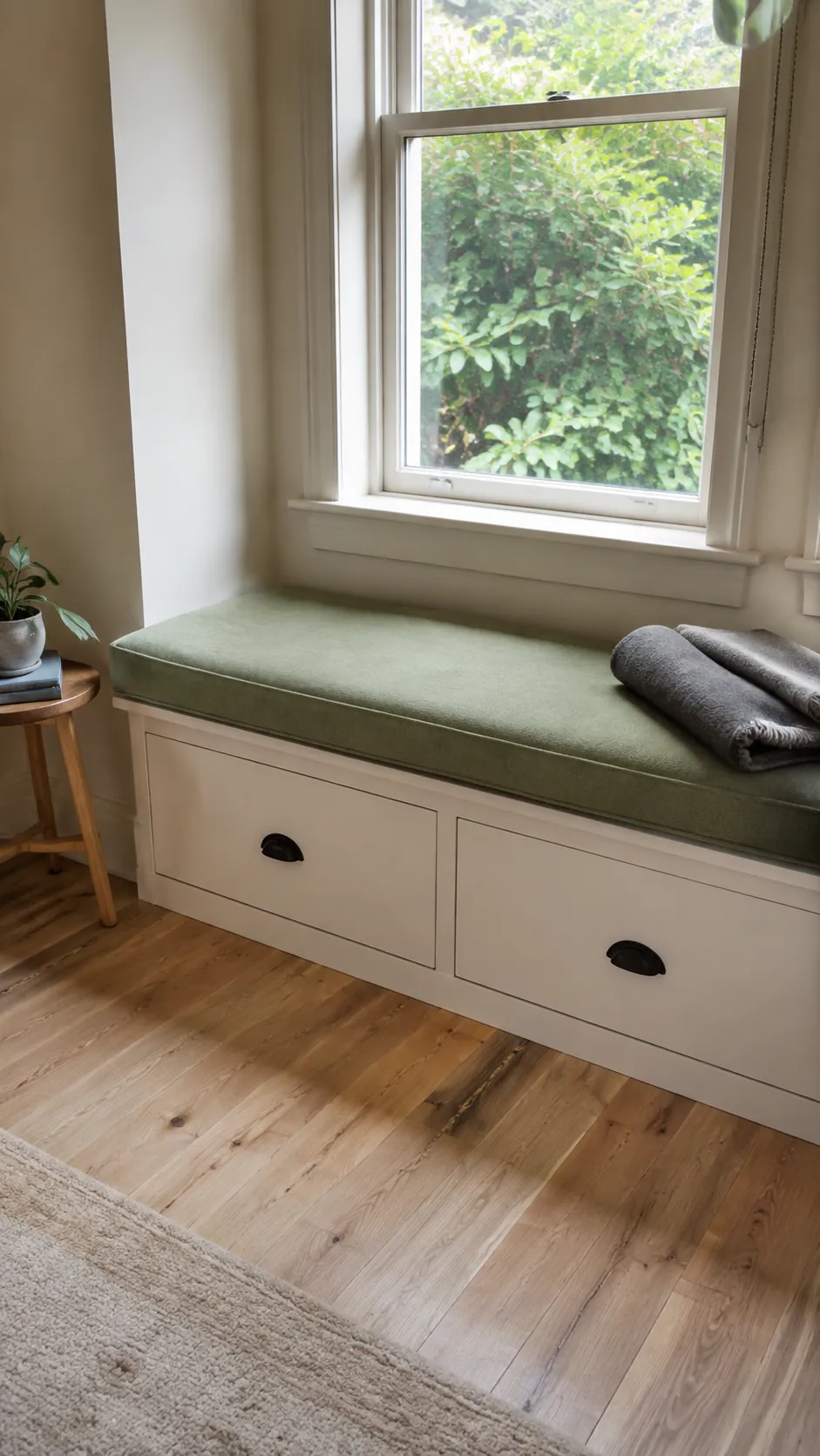 A practical handmade window seat with a cushion and storage drawers.