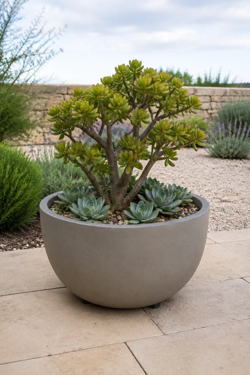 Large outdoor succulent planter on a garden patio