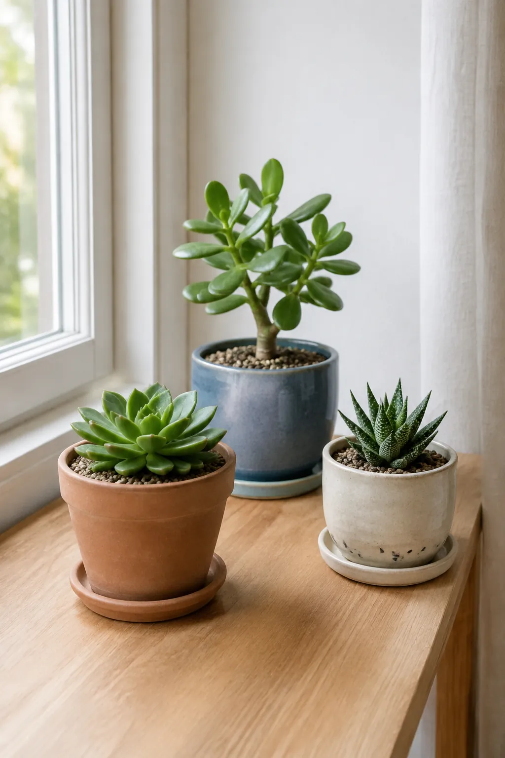 Distinctive succulent pots in a bright home plant display