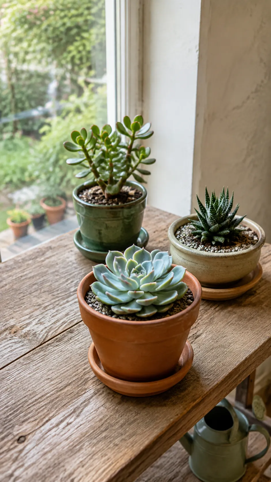 Succulent pots in terracotta and ceramic on a bright home potting bench