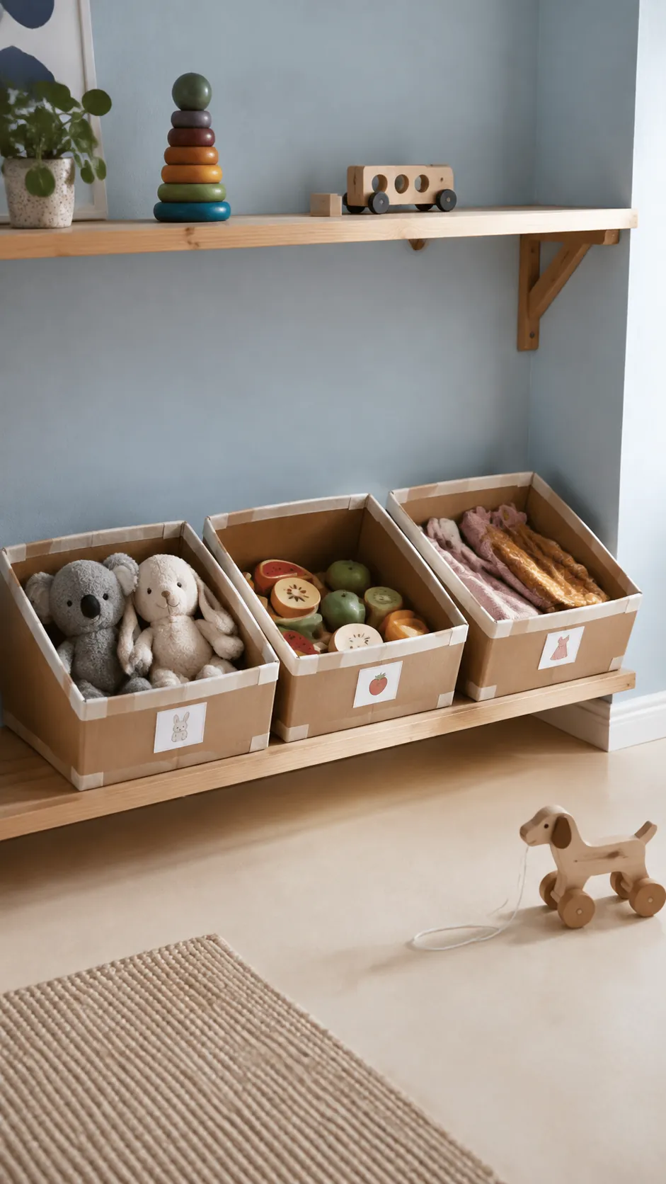 Lightweight cardboard toy bins on a sturdy low shelf