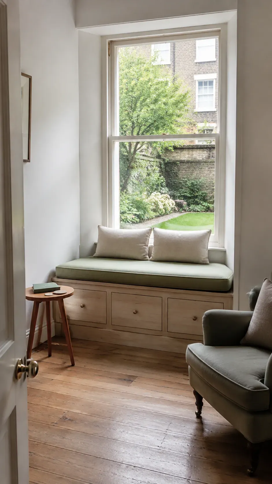Comfortable sage cushioned window bench with ash storage drawers