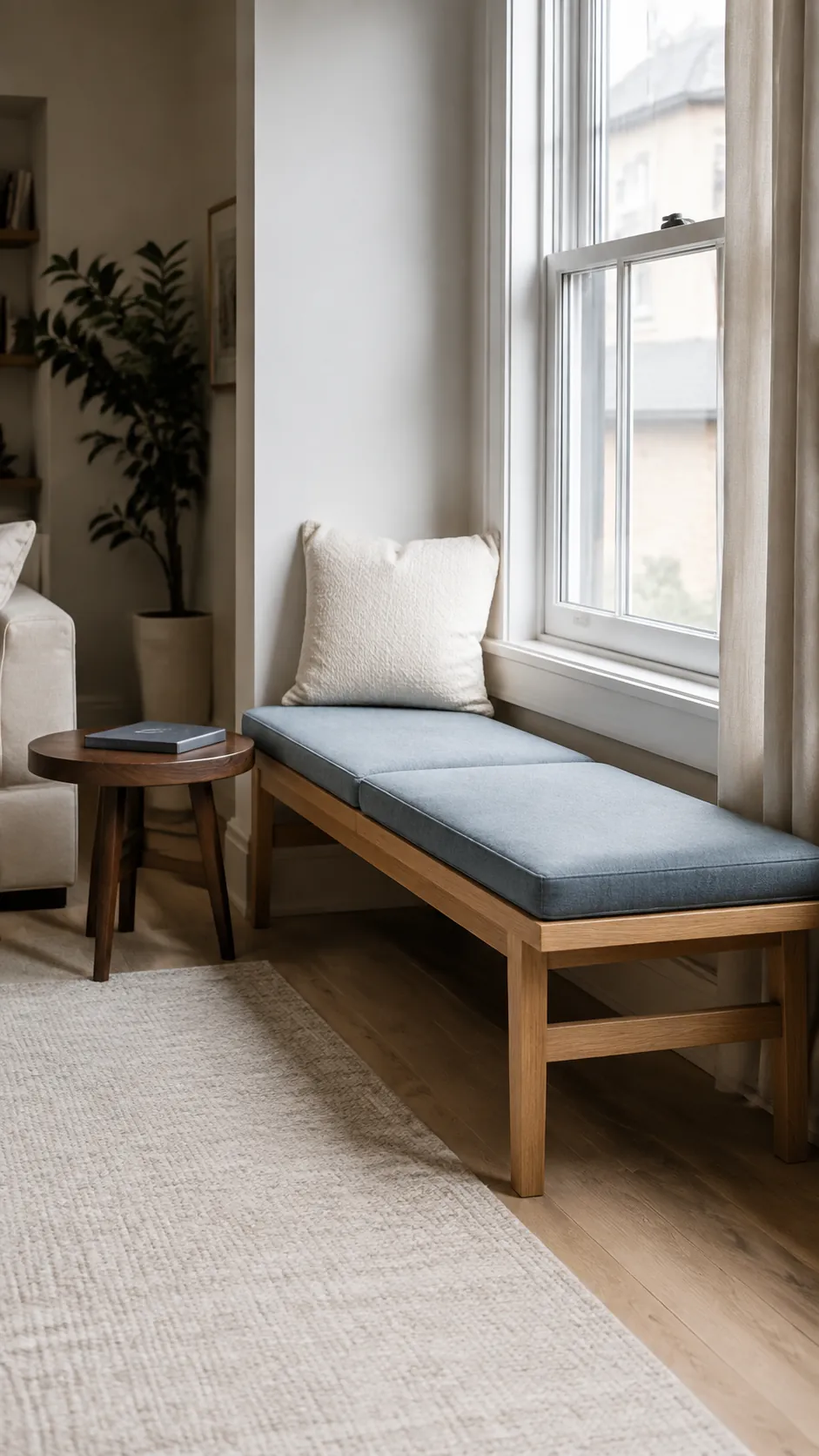 Blue cushioned oak bench beneath a bright apartment window