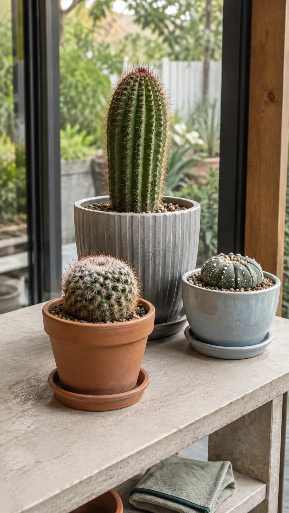 Cactus pots with stable ceramic and terracotta bases on a home plant bench