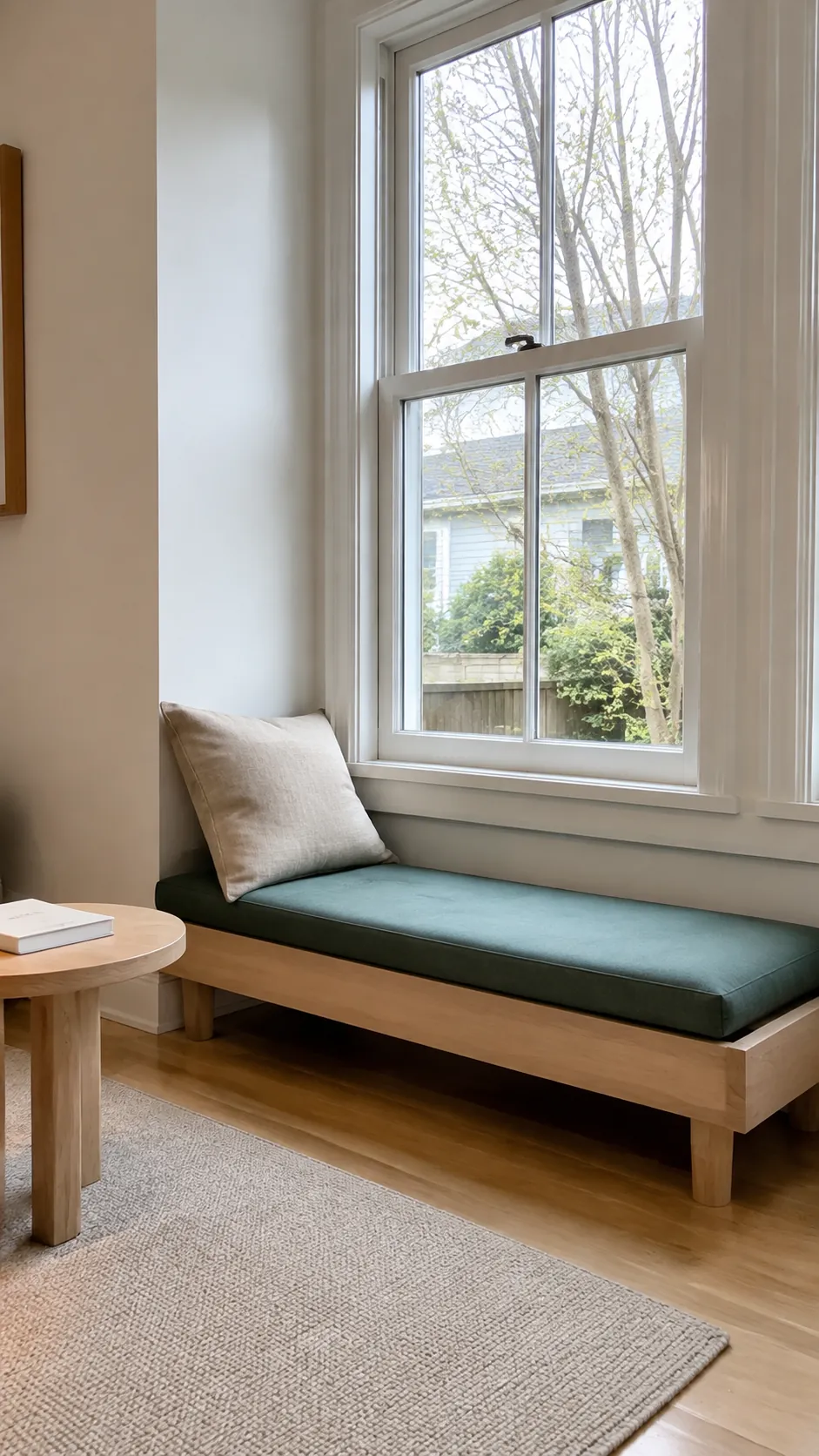 Low maple window seat with teal cushion and clear window access