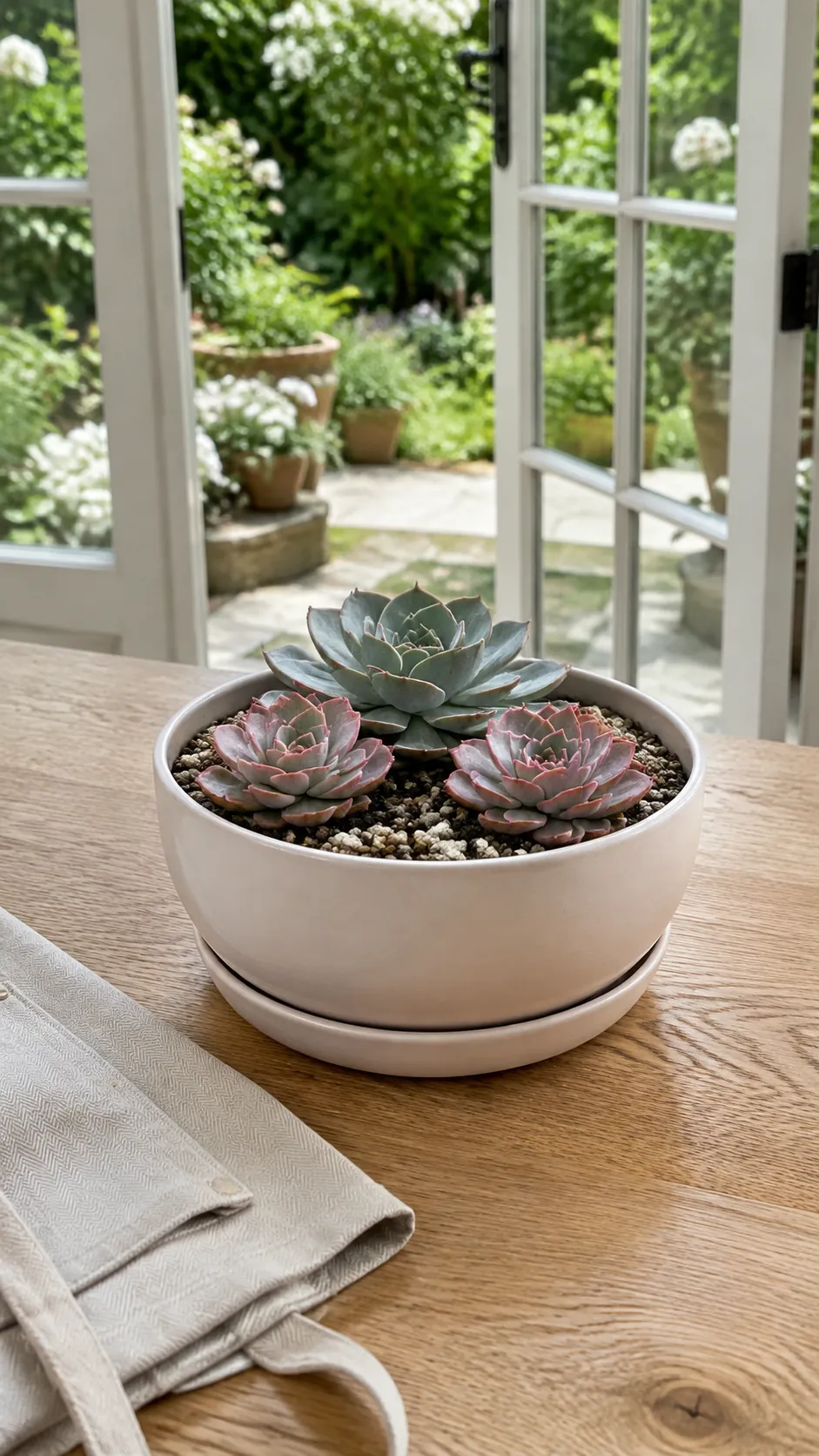 Succulent bowl with blue green rosettes and open growing space in a bright garden room