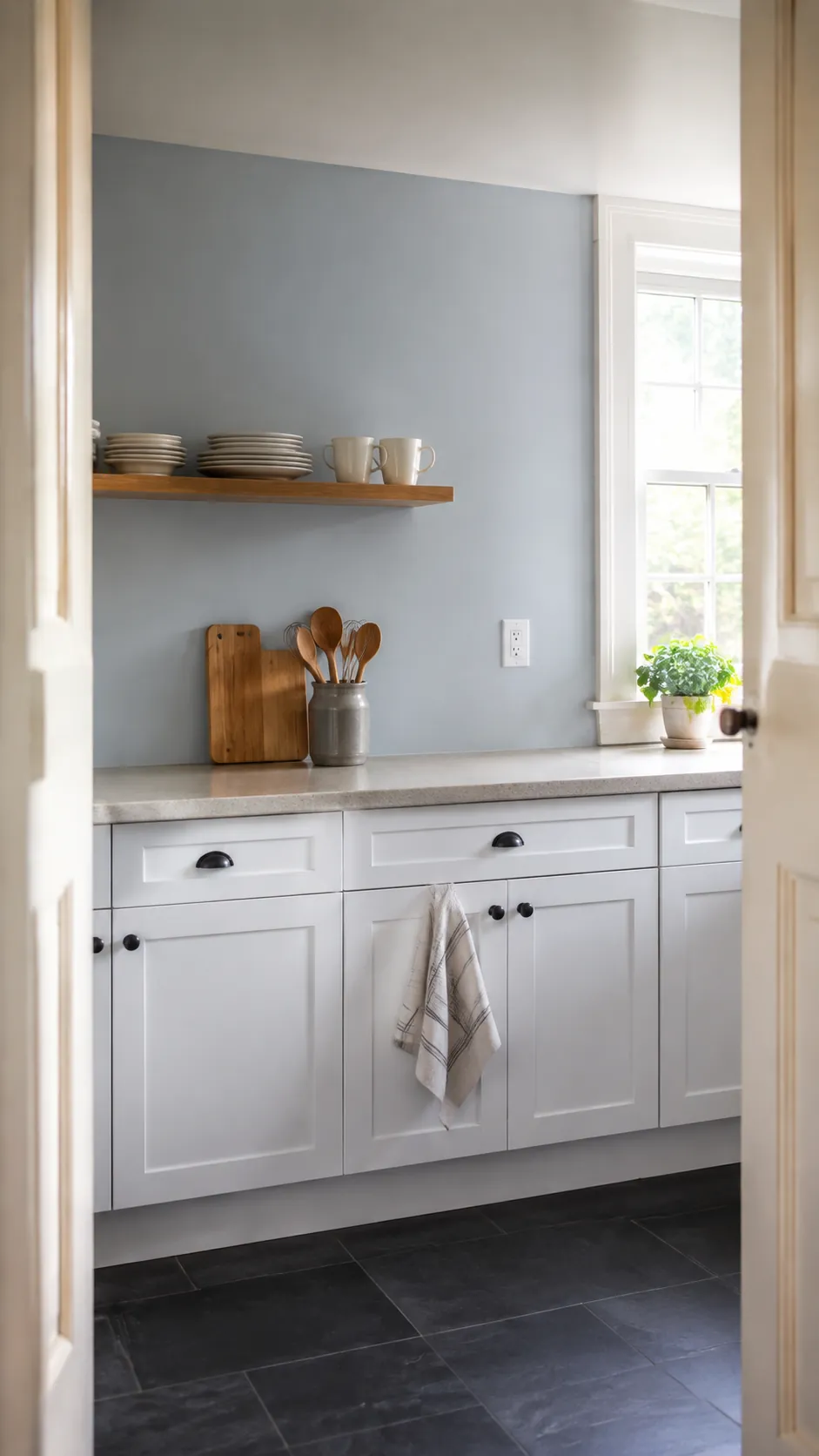 Small kitchen with everyday essentials displayed beside a clear counter