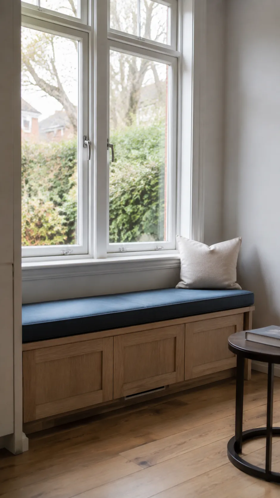 Comfortable oak window sill seat with a blue cushion in a living room