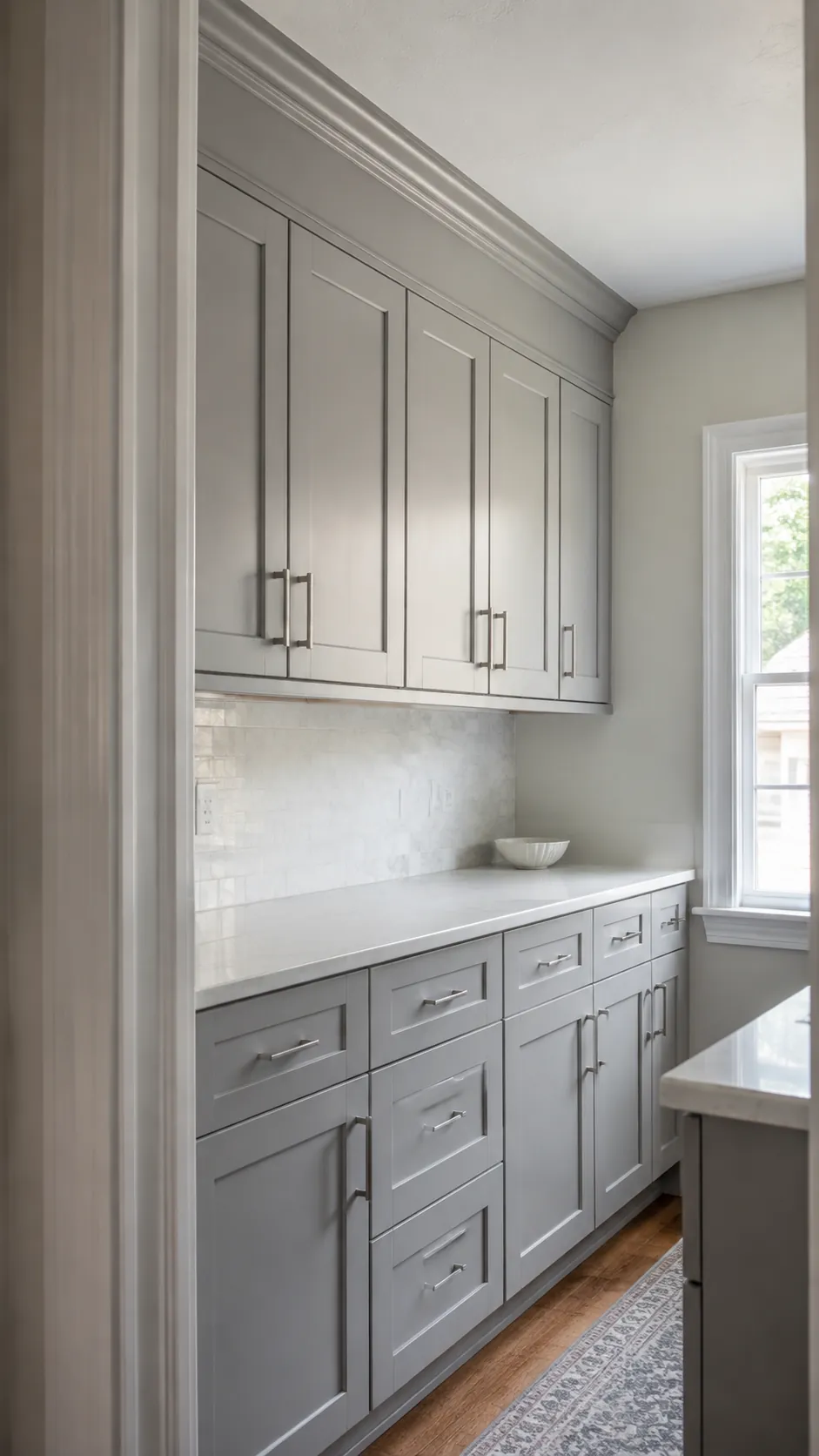 Kitchen cabinets with a neatly finished upper band reaching the ceiling