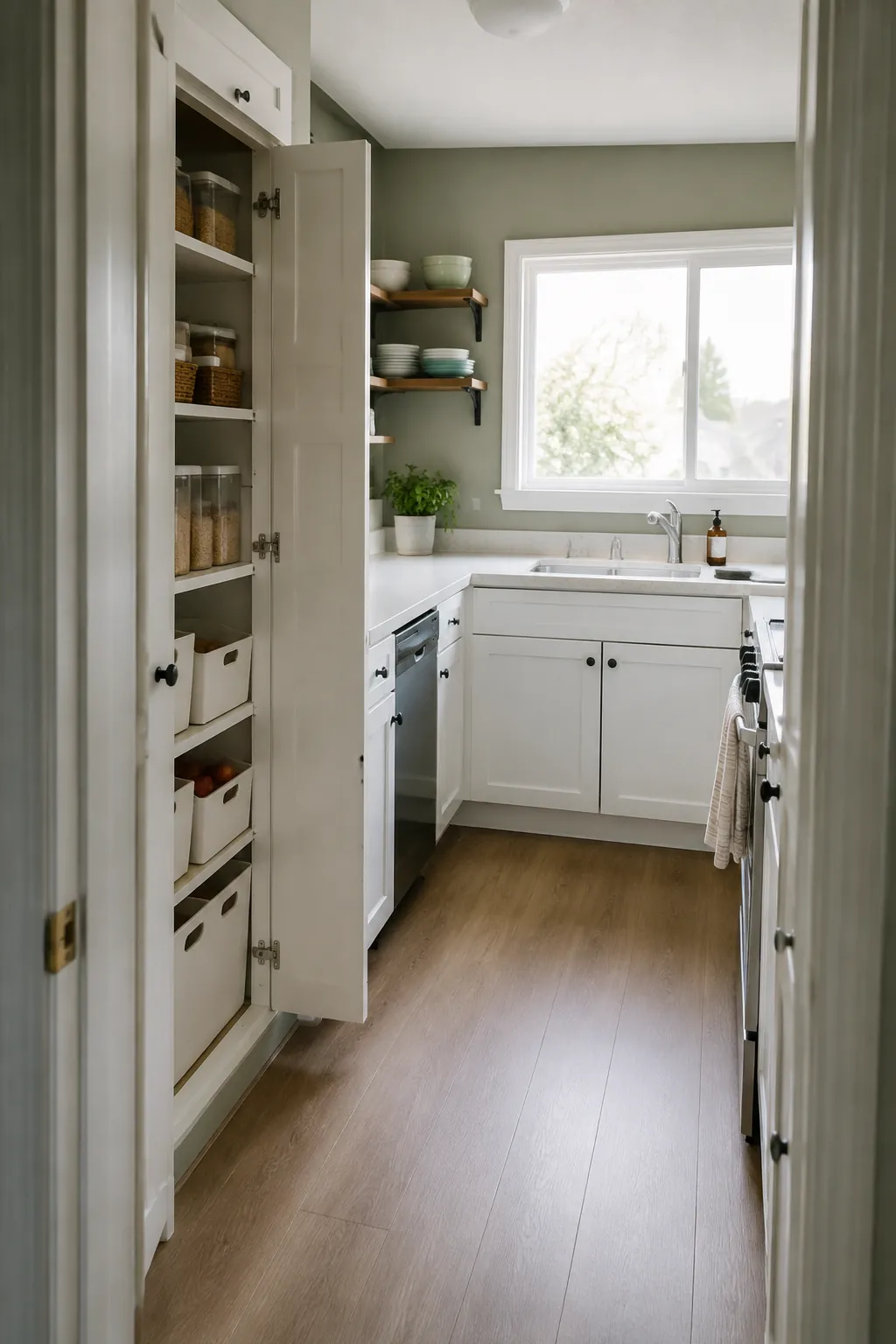 Small kitchen with accessible storage and a clear preparation counter