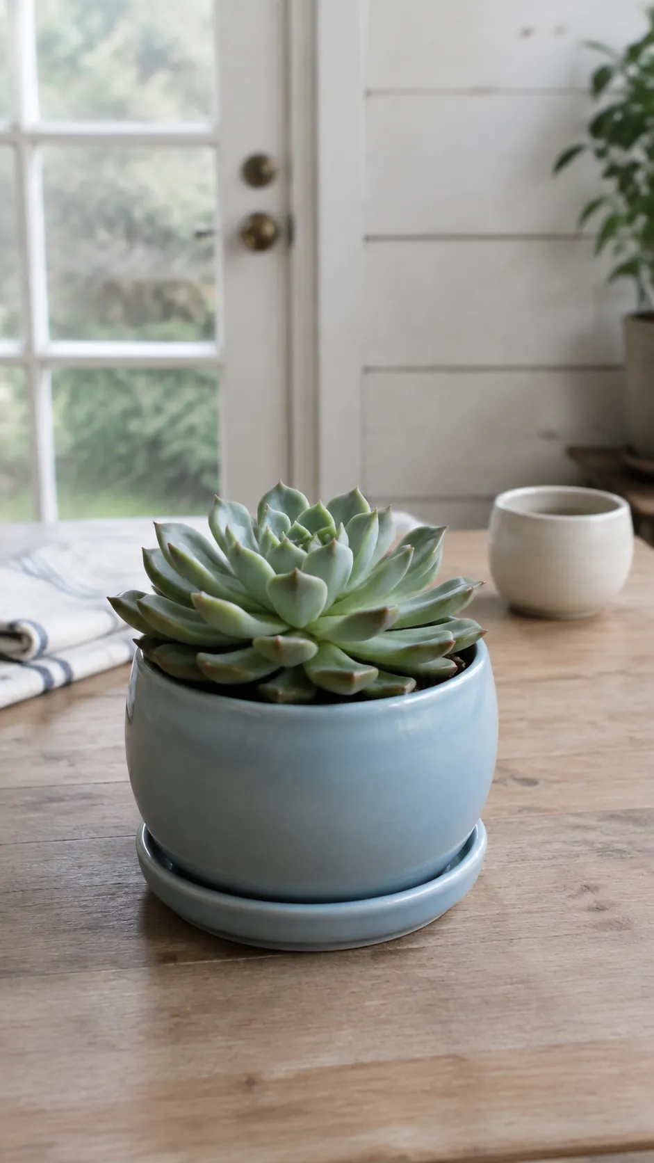 Ceramic succulent pot and saucer beside a small handmade vessel