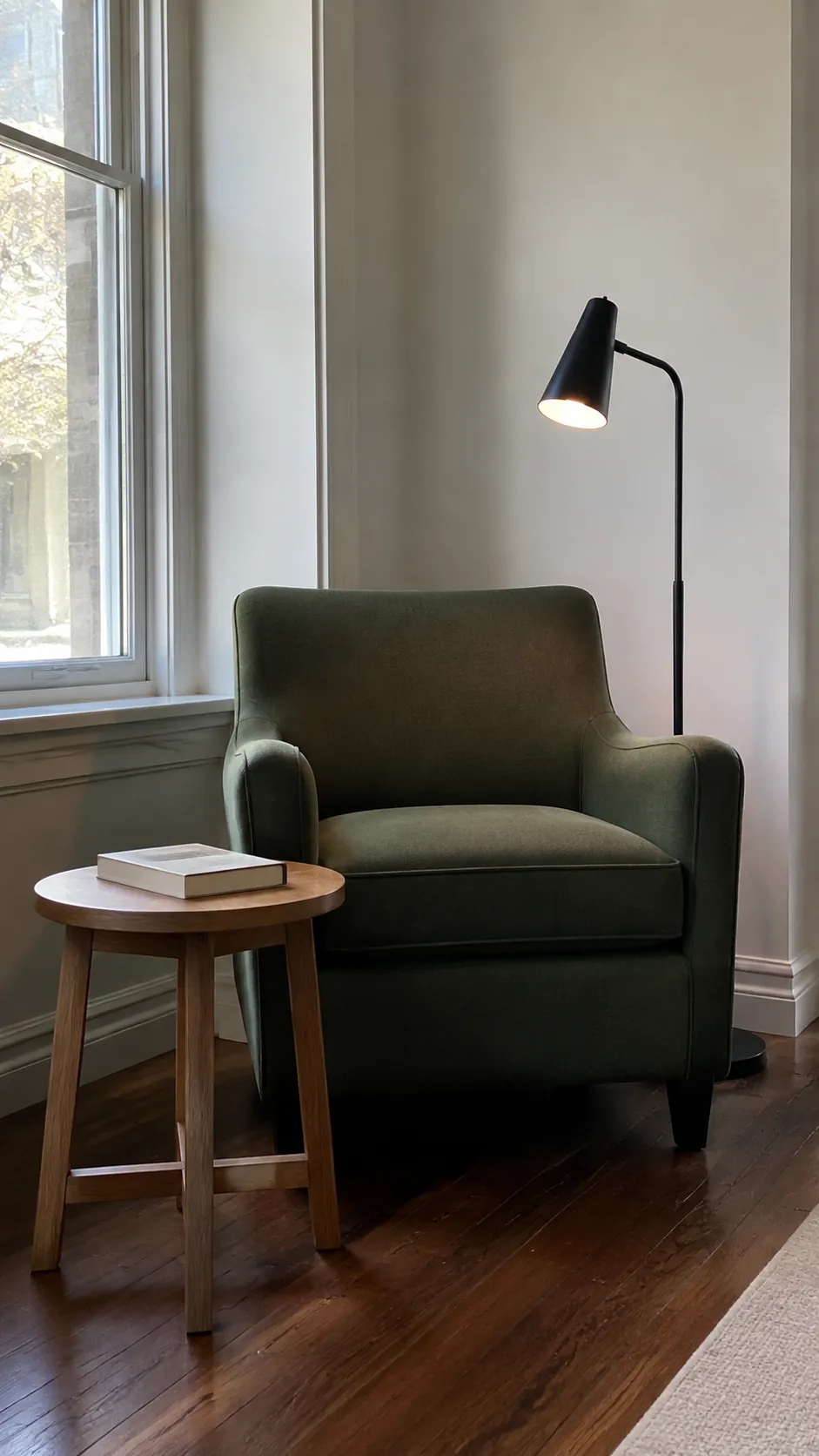 Comfortable reading nook with a green chair, book table and reading lamp