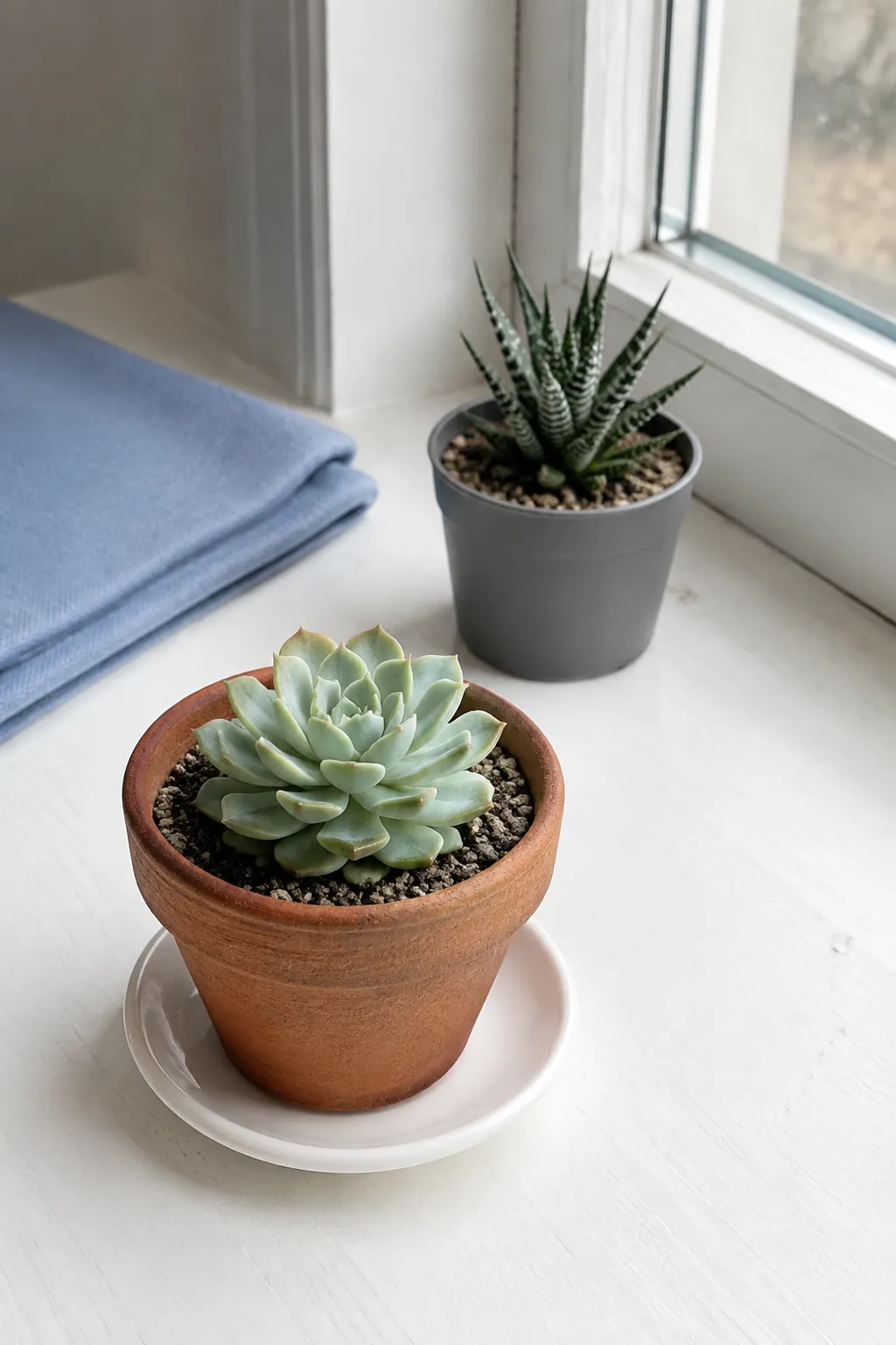 Small succulent pots with room for care on a bright window shelf