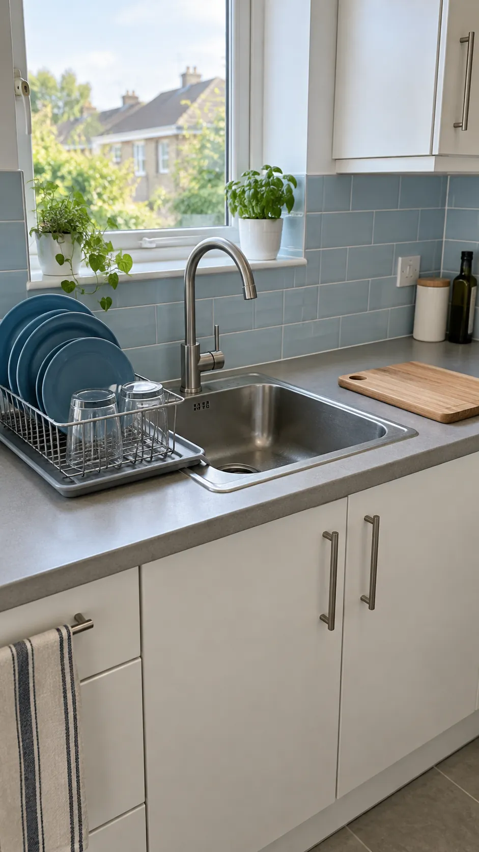 Organized kitchen drying area beside a sink with clear preparation space