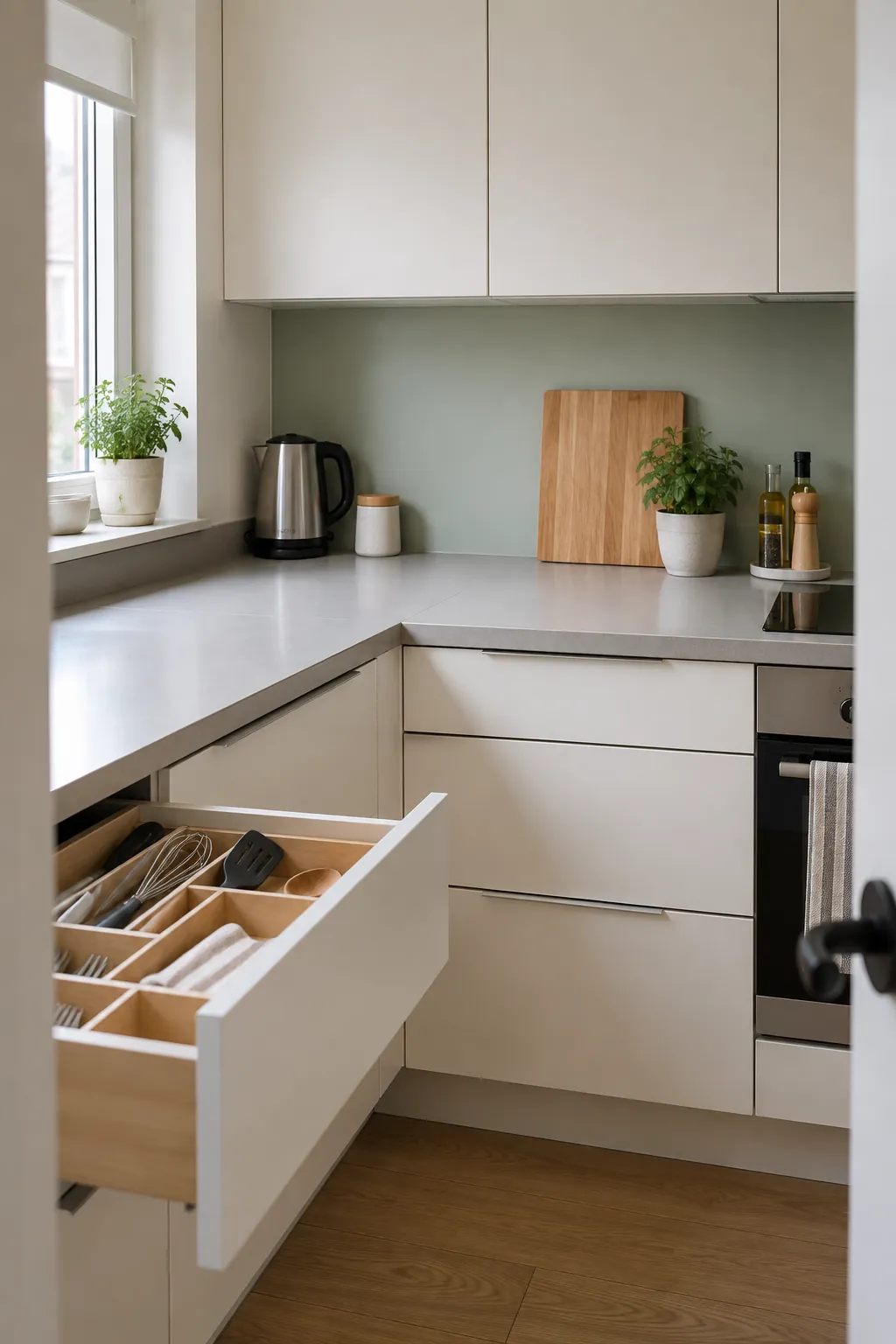 Practical minimalist kitchen with clear counters and accessible everyday tools