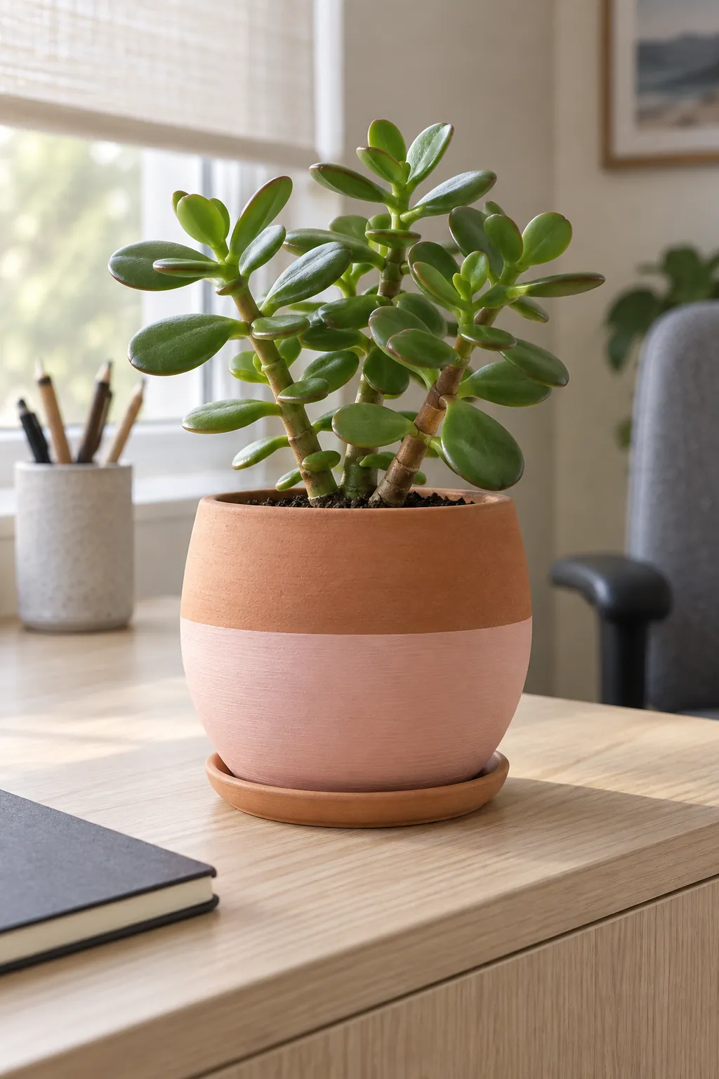 Blush lower-half color blocking on a rounded terracotta planter with a compact jade plant